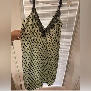 V-Neck Lace Trim Midi Slip Dress in Light Green Geometric